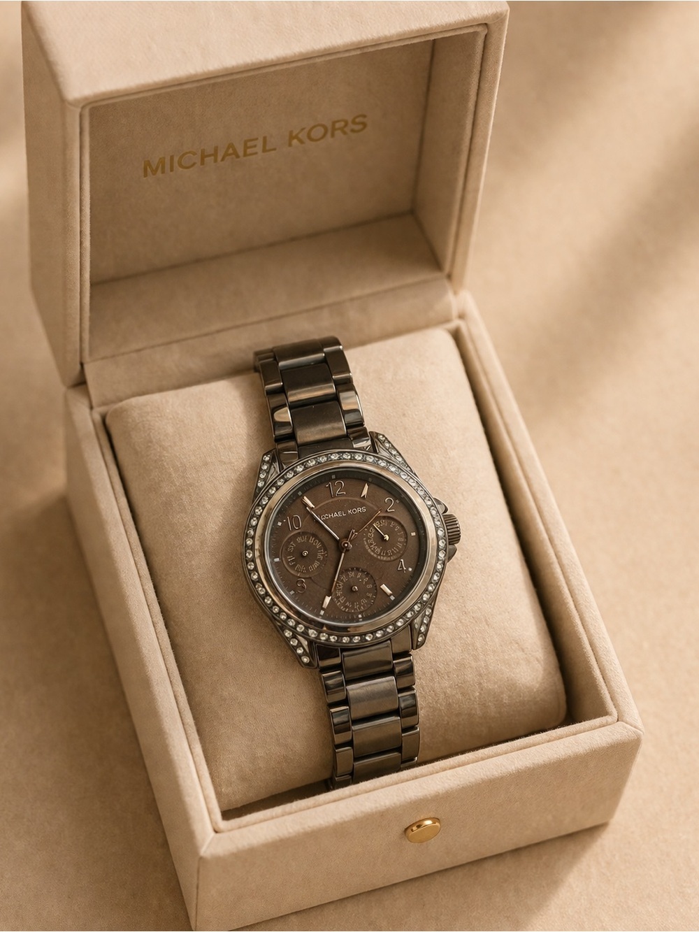 Michael Kors Gunmetal Bracelet Watch with Brown Dial and Crystal Bezel